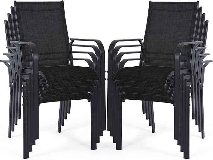 Patio Chairs Set of 8, Outdoor Dining Chairs High Back, All-Weather Padded Textilene Chair for Lawn Porch Garden, Black