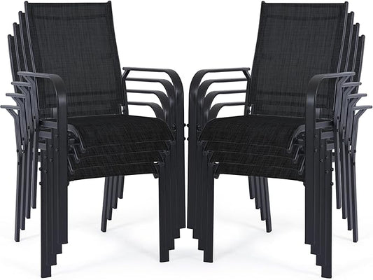 Patio Chairs Set of 8, Outdoor Dining Chairs High Back, All-Weather Padded Textilene Chair for Lawn Porch Garden, Black