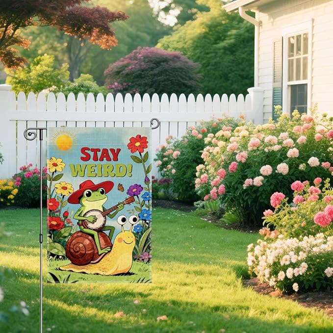 Stay Weird Funny Garden Flag, Hippie Frog Snail Flag, Boho Kindness Peace LGBTQ Resist Equality Inclusive Yard Sign, Spring Summer Welcome Yard Farmhouse Community Lawn Liberal Outdoor Decor