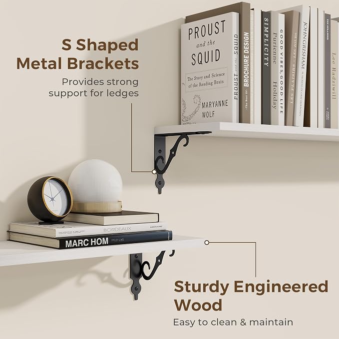 RICHFOCUS Floating Shelves for Wall Decor, 39.4W x 8D Shelves Set of 2, 8 Inch Deep Rustic Wood Shelves Wall Mounted with Brackets, Long Floating Shelves for Living Room Bedroom Kitchen, White