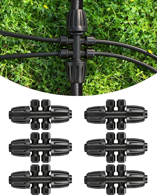 6 Pack Drip Irrigation Parts, Quick Connect 6-Way Fittings, 1/2" to 1/4" Tubing Splitter for Garden & Farm Irrigation System