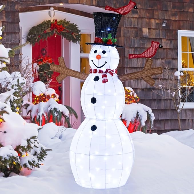 Tangkula 4.8 FT Christmas Lighted Snowman with Red Birds, Indoor Outdoor Pre-Lit Xmas Snowman with 120 LED Lights, Zip Ties & Ground Stakes, Snowman Holiday Decoration for Front Porch, Yard, Garden