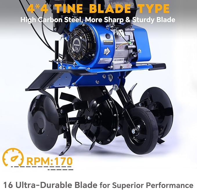 212cc 4-Cycle 7HP Gas Powered Tiller Cultivator - 22" Heavy-Duty Steel Tines Rototiller, Adjustable Wheels and Handle, Forward/Reverse for Plowing, Tilling, Weeding in Garden, Farm (Navy Blue)