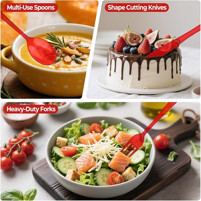 150 PCS Plastic Silverware Disposable Silverware Heavy Duty Utensil Sets 50 Of Each Forks Knives & Spoons Disposable Cutlery Set For Easter,Birthday,Baby Shower,Garden Party,Wedding(150,Red)