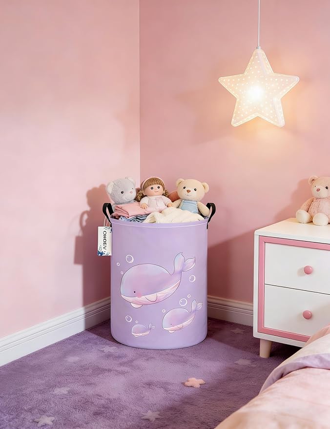 Round Purple Whale Laundry Hamper, Storage Basket for Adults and Kids