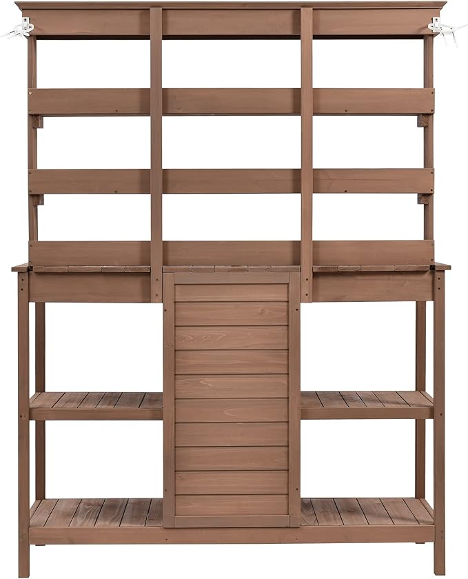 66" Large Outdoor Farmhouse Wooden Potting Bench Table, Garden Workstation with 2 Drawers, Cabinet and Open Shelves for Backyard, Mudroom (Brown-11)