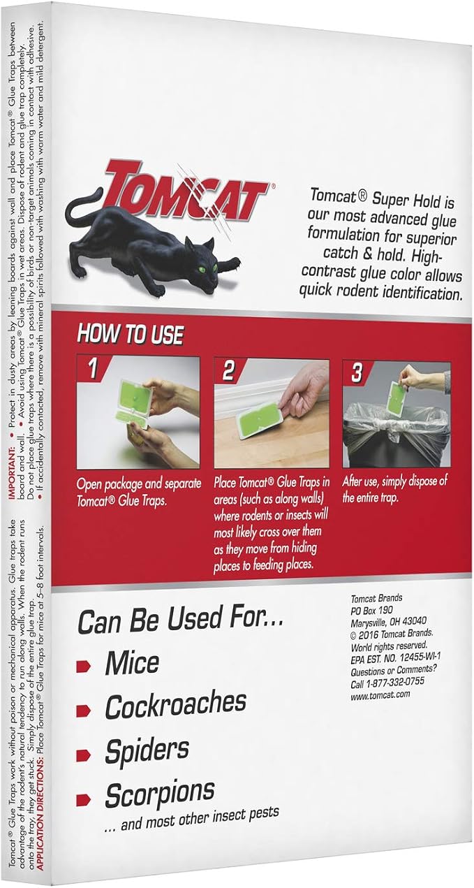 Tomcat Super Hold Glue Traps Mouse Size, 3-Pack (12 Glue Traps) | For Mice, Cockroaches, Spiders, and Scorpions, Ready-To-Use, 3 Packages Each with 4 Glue Traps