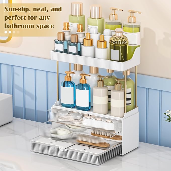 caktraie 2 Sets 5 Tier Acrylic Makeup & Bathroom Vanity Organizer | 2 Set Clear, 3 drawers 2 open shelves, dustproof, wipe clean, for large skincare, perfumes, lipsticks, dresser, counter