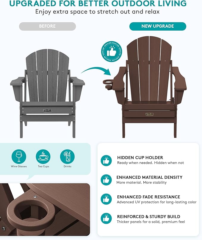 SERWALL Folding Adirondack Chair Set of 4, Weather Resistant HIPS Patio Chairs with Cup Holder for Garden Outdoors Fire Pit- Coffee