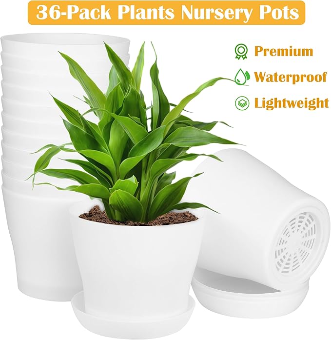 Hahood 36 Pack 5.5 Inch Plastic Plant Pots with Saucers White Flower Plant Container Seed Starting Pots Thickened Seedlings Nursery Pot for Home Garden Indoor Outdoor Flowers