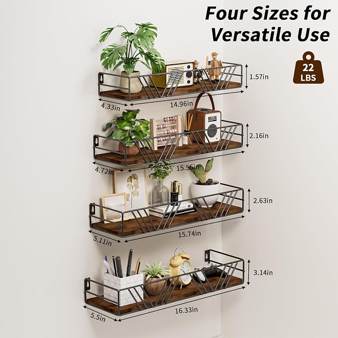 Floating Shelves for Wall, 4 Sets Rustic Shelf with Metal Frame