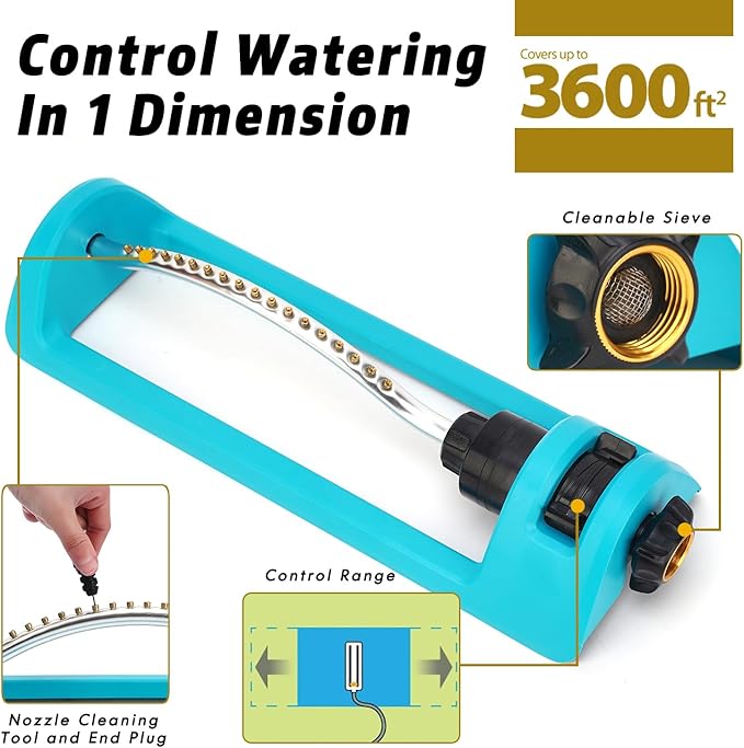 Lawn Sprinkler, Oscillating Sprinkler with 18 Hole Brass Nozzles, Gardening Tool Watering for Lawn & Garden Covers up to 3,600 sq.ft, Nozzle Cleaning Tool Build on the End of the Product, Blue