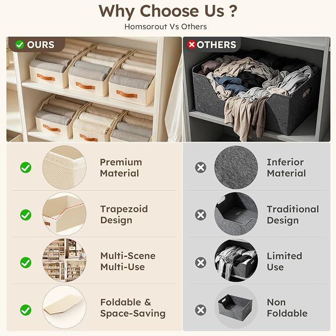 Homsorout Fabric Storage Bins for Organizing - 8 Pack Large Trapezoid Collapsible Storage Bins with Front Handle, Closet Organizers and Storage for Bedroom, Home Shelves, Small Spaces, Beige