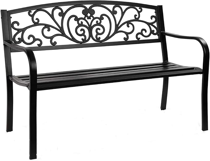 Giantex 50" Patio Garden Bench, Loveseats Park Yard Furniture, Black Steel Cast Iron Frame Chair, Metal Bench Outdoor with Floral Scroll Pattern