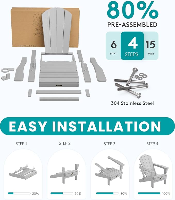 SERWALL Folding Adirondack Chair Set of 6, Weather Resistant HIPS Lawn Chairs with Cup Holder for Patio Garden Outdoors Fire Pit- Spanish Gray