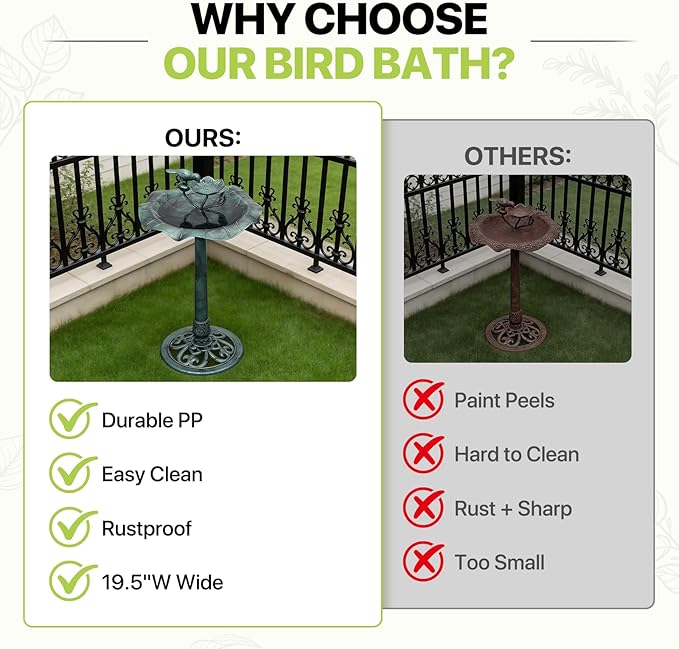 Magshion 35" Outdoor Bird Bath and Feeder for Outside, Pedestal Birdbath with Vintage Lotus Design, Durable Polypropylene Construction, Stunning Garden Accent for Lawn, Backyard & Patio, Green
