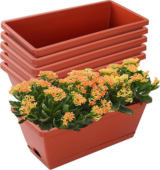 CHUKEMAOYI Window Box Planter, 7 Pack Plastic Vegetable Flower Planters Boxes 17 Inches Rectangular Flower Pots with Saucers for Indoor Outdoor Garden, Patio, Home Decor (Red)