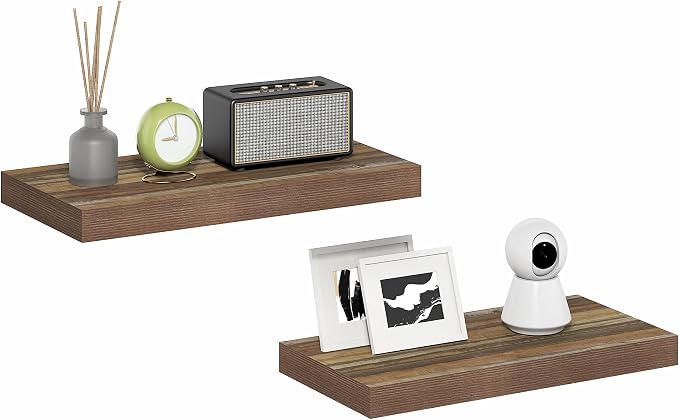 Furinno Tanna Floating Shelves for Wall Set of 2, 12 x 24 Wall Shelf, Wall Mounted Floating Shelf with Invisible Bracket, 2-Inch Thick, for Bathroom, Living Room, Bedroom, Home Office, Retro Brown