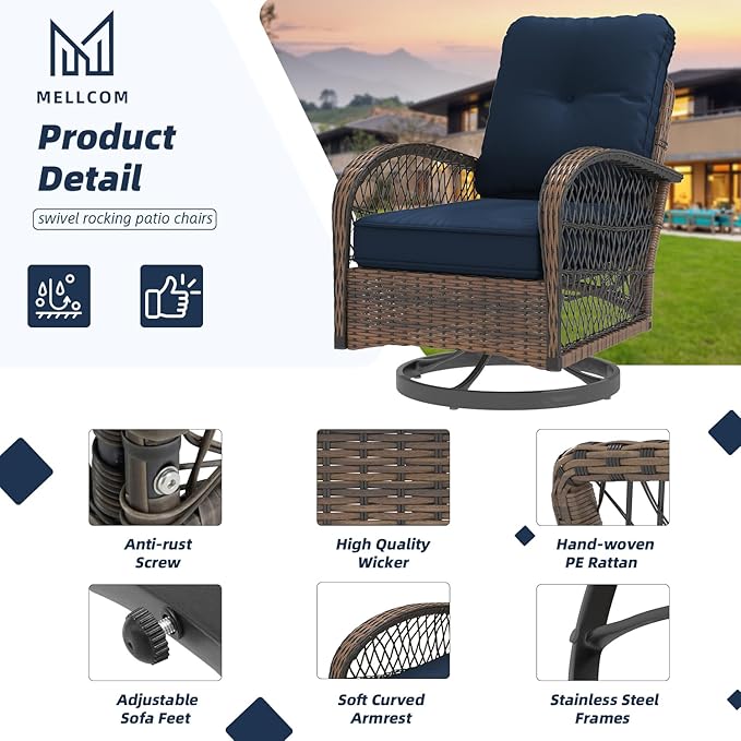 MELLCOM 3 Pieces Patio Furniture Set, Outdoor Swivel Rocker Patio Chairs, Wicker Patio Bistro Set with Rocking Chair, Thickened Cushions and Glass Coffee Table for Backyard, Garden, Navy Blue