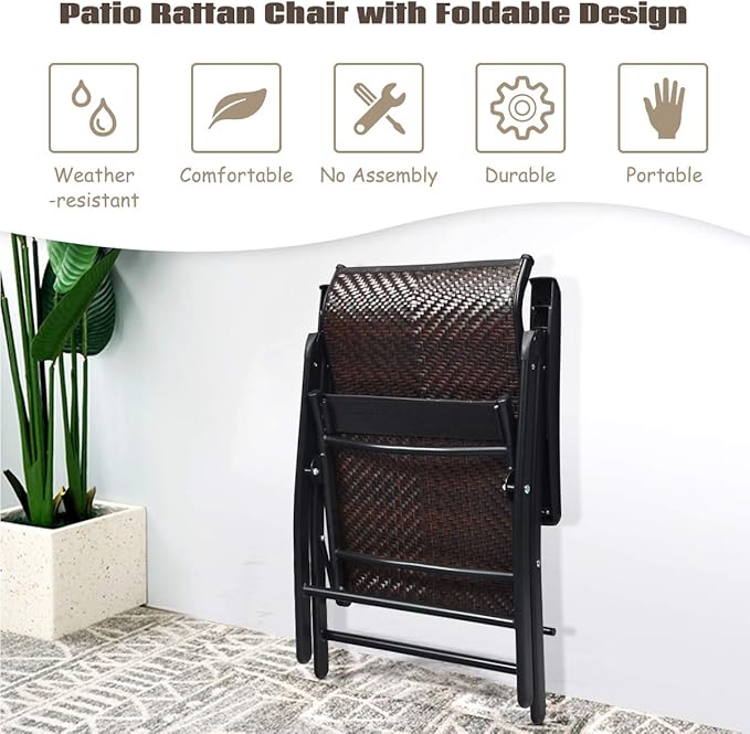 Tangkula Foldable Patio Wicker Dining Chairs Set of 2, Portable High Back Outdoor Wicker Chair with 5-Level Adjustable Backrest, No Assembly Reclining Chairs for Porch Deck Garden Balcony