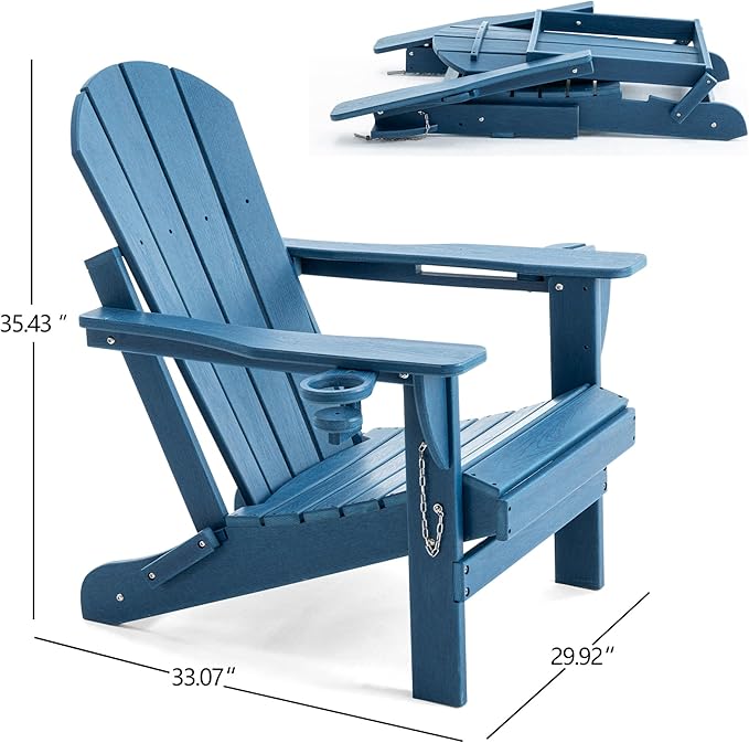 Folding Adirondack Chair, HDPE Outdoor Texture Lawn Chair with Reclining Back, Cup and Phone Holder - Comfortable Firepit Chair Weather Resistant for Patio or Backyard (Blue, Set of 1)