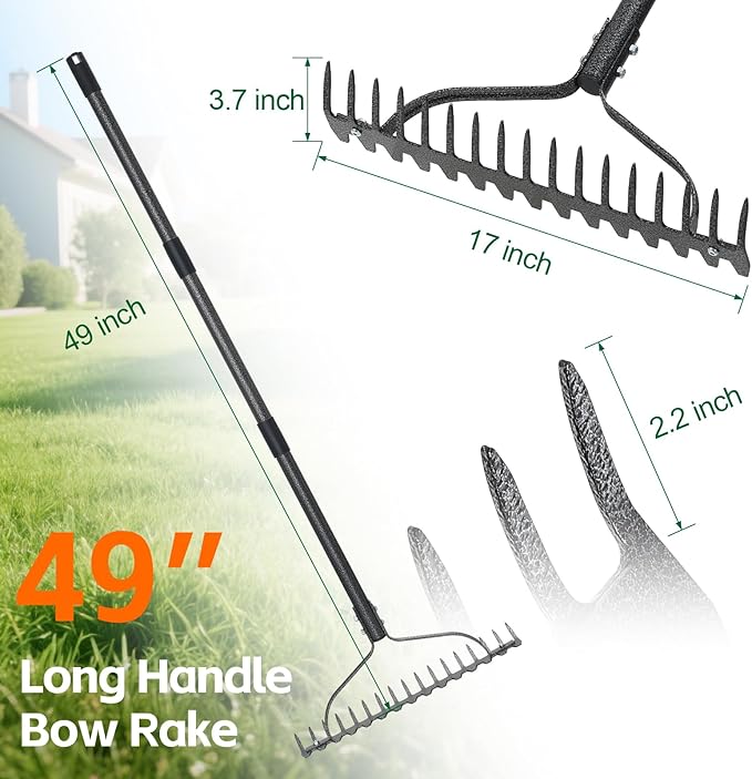 Bow Rake, 63" Adjustable Long Handle Lawn Leveling Garden Rake with 17 Tines, Garden Tool with Heavy Duty Metal for Looseing Soil, Weede Control