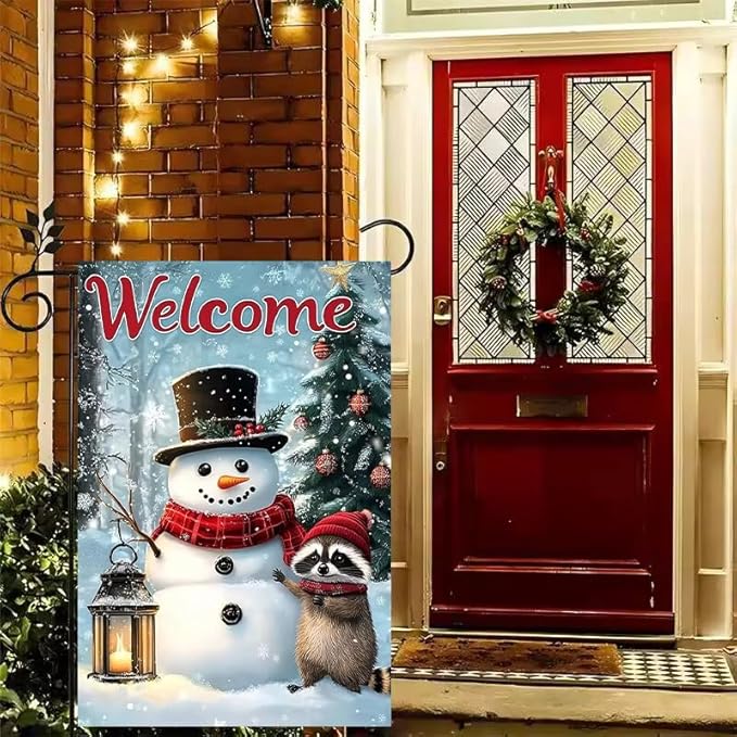 Welcome Winter Garden Flag 12x18 Double Sided, Small Burlap Seasonal Snowman Raccoon Bear Garden Flag Winter Christmas Outdoor Yard Decorations Porch Lawn Flags for Outside