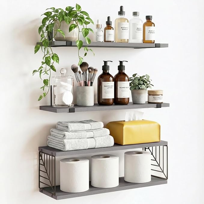 Fixwal 3+1 Tier Bathroom Floating Shelves Over Toilet, Gray | Gray Wood Shelf Set with Toilet Paper Storage Basket, Natural Finish, 40Lb Weight Limit, Quick Mount, Versatile