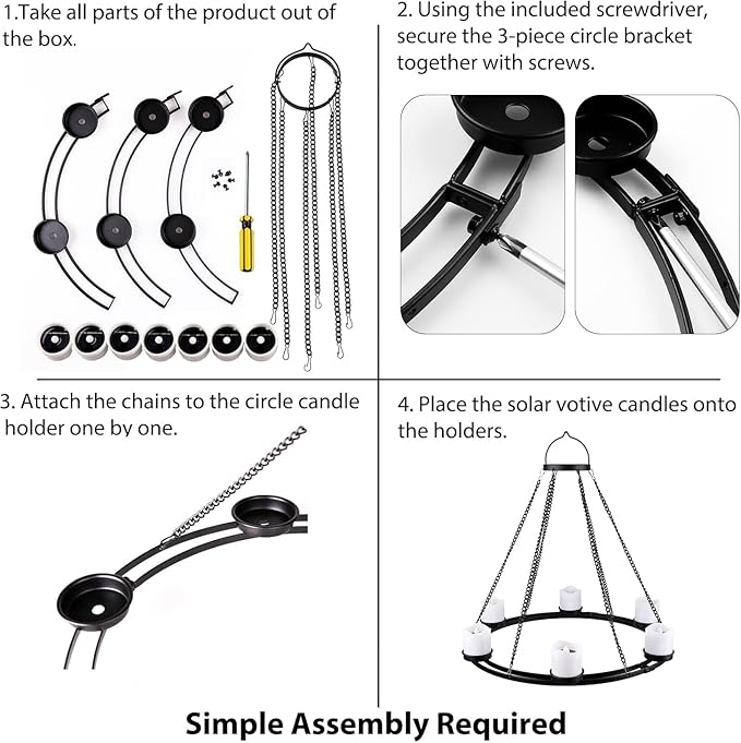 Outdoor Chandelier Solar, Hanging Candle Lantern with 7pcs Solar Powered Votive Lights in Matt Black Finished Metal Candle Holders for Home, Garden, Backyard, Pergola, Gazebo, Tree, Window Decor