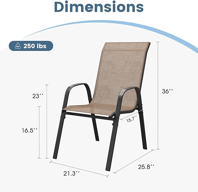 DIFY Patio Chairs Set of 4, Stackable Outdoor Dining Chairs Set with Breathable Textilene High Back and All-Weather Metal Frame for Garden, Backyard, Deck, Brwon