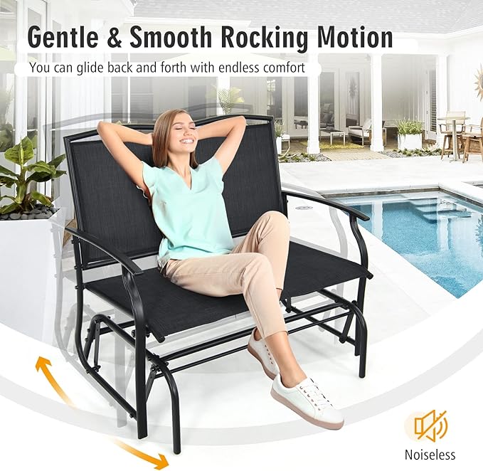Tangkula 2-Person Patio Glider Bench, Outdoor Rocker Glider Loveseat Chair W/Heavy-Duty Steel Frame, Breathable Seat Fabric, Rocking Lounge Chair for Poolside, Garden, Backyard (Black)