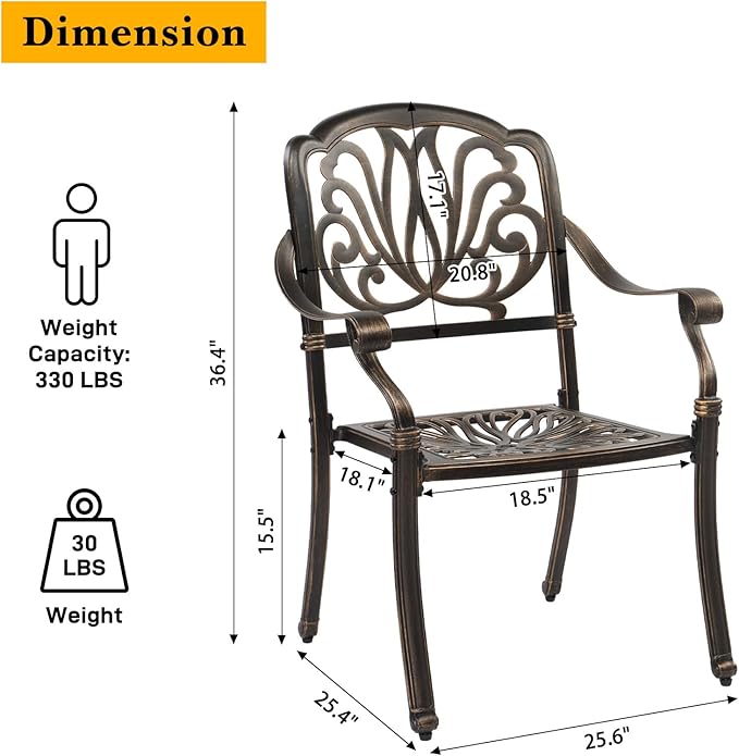 VINGLI Patio Chairs Set of 2, All-Weather Cast Aluminum Outdoor Dining Chairs, Metal Armchairs for Poolside, Backyard, Balcony (2, Elizabeth Back Without Cushion)