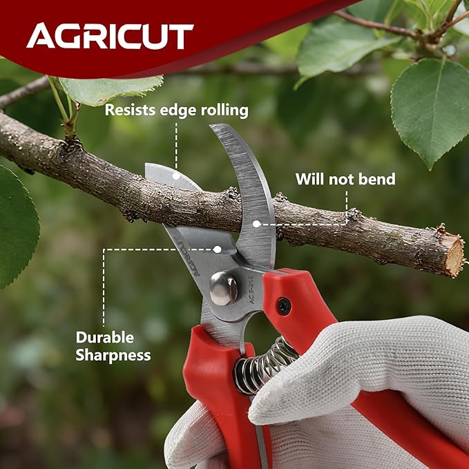 AGRICUT Pruning Shears, 7/8-Inch Cut Capacity Hand Clippers, Bypass Pruners, Gardening Scissors with Sharp Steel Blade (PP Handle, High Carbon Steel)