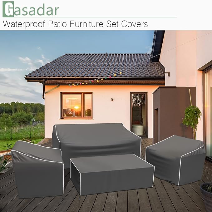 Gasadar Patio Furniture Covers, 4-Piece Outdoor Furniture Cover Waterproof for Patio Loveseat, Chair and Coffee Table, 500D Heavy Duty, Grey