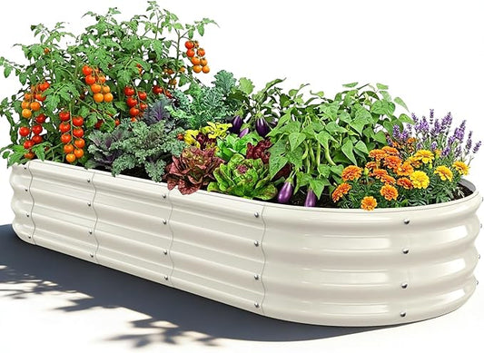 Oval Raised Garden Bed, 5 x 2 x 1FT, Galvanized Steel Planter Box with Wave-Shaped Metal Panels Painted for Outdoor Flower,Tree,Herb & Vegetable Garden (White, 60X24X12 inches)