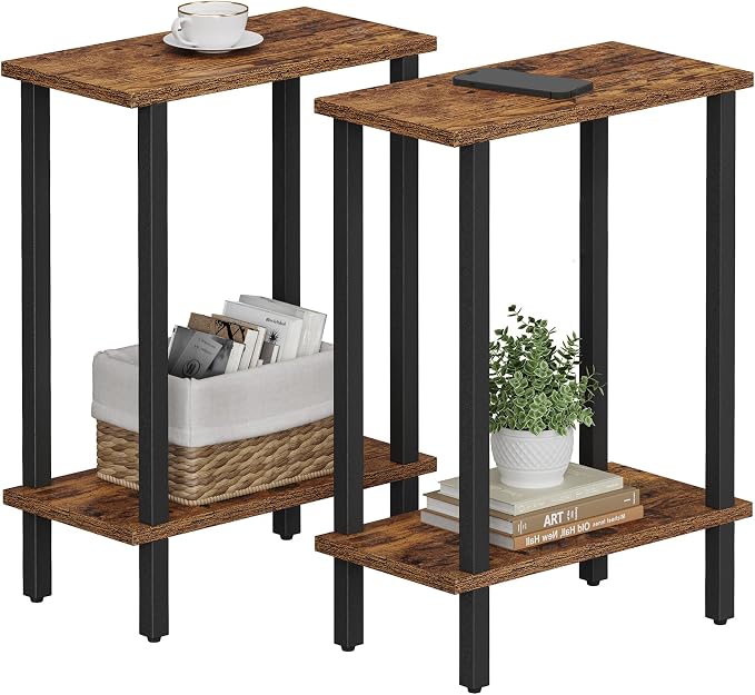 TUTOTAK Narrow Side Table Set of 2, Small End Table for Couch | 2-Tier Skinny Sofa Table, Slim Nightstand, Easy Assembly for Living Room, Bedroom, Brown TB01BB0622