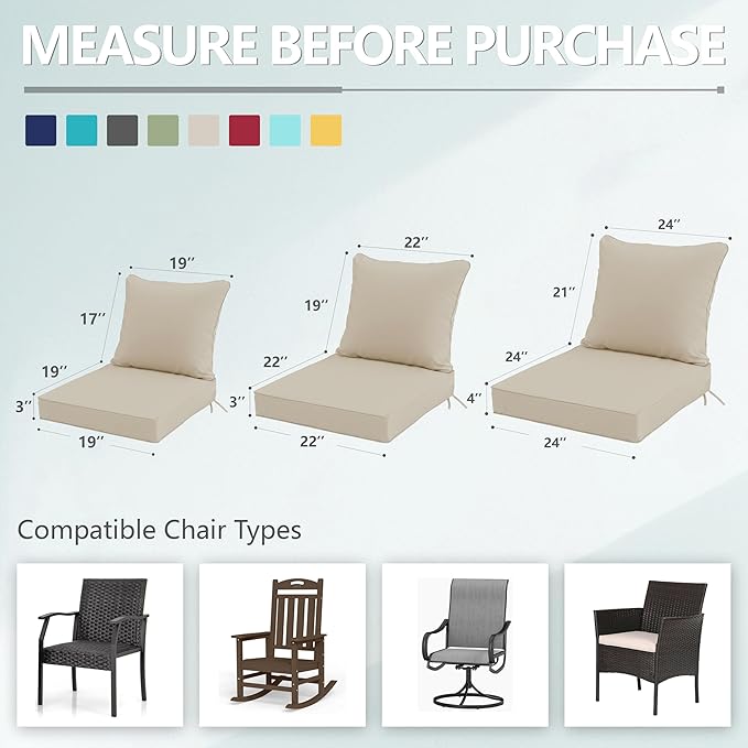 24x24 Inch Outdoor Chair Cushion with Removable Cover, Patio Furniture Cushion - Water-Repellent, Fade-Resistant, Non-Slip Bottom & Straps, Replacement for Deep Seat Sofa & Couch - Cream