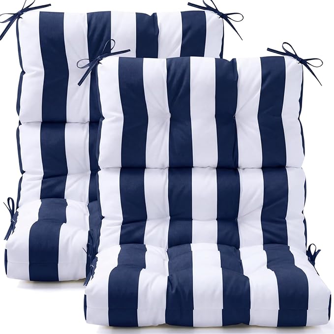 Hoteam 2 Pcs High Back Chair Cushions Set - 44'' x 21'' Indoor Outdoor Waterproof Soft Thicken Stripes Replaceable Cushion for Garden Summer Rocking Chair, Patio Furniture (Navy Blue Stripes)