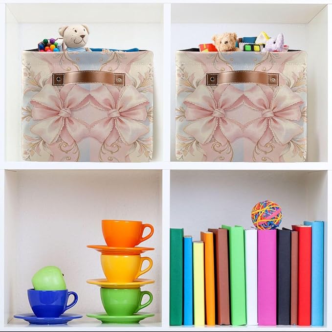 Vintage Rococo Pink Bow Ribbon Canvas Storage Basket Fabric Storage Bin Collapsible Canvas Basket Organizers and Storage Containers for Bedroom Nursery Toys Clothes