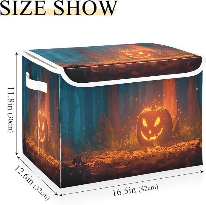 senya Large Storage Bins with Linen Halloween Pumpkin Yellow Collapsible Foldable Storage Cubes Fabric Closet Organizer Containers Box with Flip-Top Lid for Home Bedroom Office 16.7 x 12.6 x 11.8in