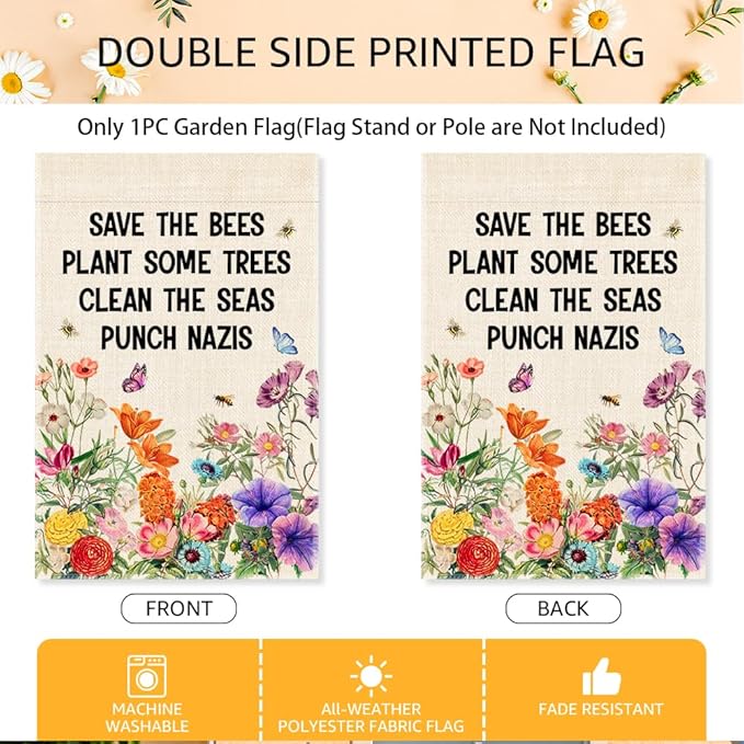 Save The Bees Plant Some Trees Garden Flag, Double Sided Home Farmhouse Yard Outdoor Lawn Decor Banner, Native Plants Yard Flag, Funny Housewarming Gifts for Nature lovers Insect Enthusiasts