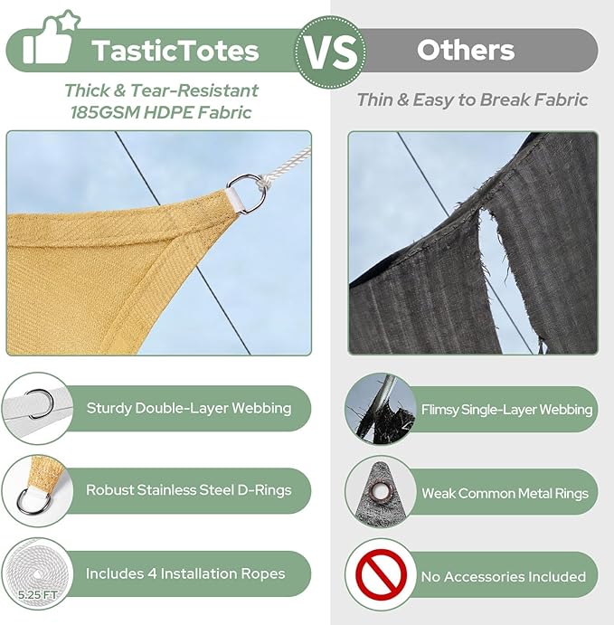 TasticTotes Rectangle Sun Shade Sail - 12' x 16', 95% UV Blockage, HDPE Sunshades for Outdoor Patio, Yard, Deck, Garden, Lawn, Permeable Awnings for Patio Shade with Reinforced Corners & Ropes (Sand)