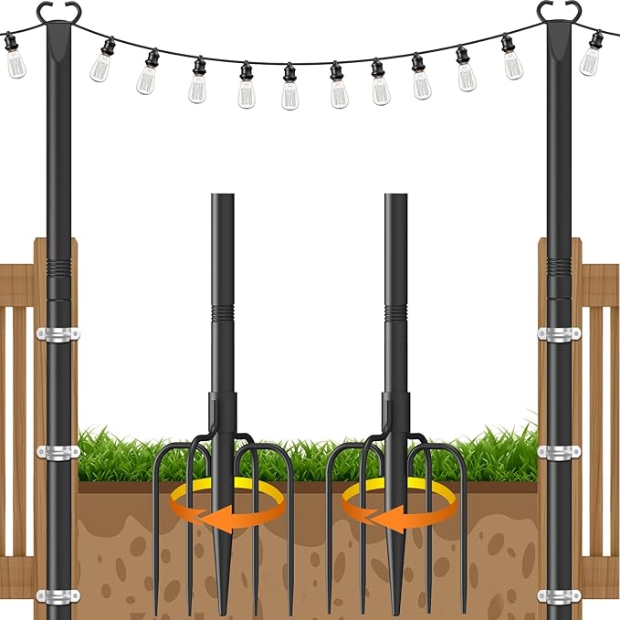 10Ft String Light Poles 2 Pack,Poles for Outdoor String Lights with Fork and Fence Clamp,Hanging Lights Metal Stand Post for Deck Patio Backyard Garden Decorations