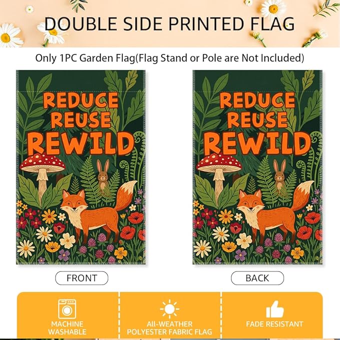 Reduce Reuse Rewild Garden Flags for Outside, Sustainable Garden Flag, Porch Banner for Nature Lovers, Eco-Friendly Yard Sign, Earth Day Front Porch Decor, Cut Fox with Forest Sign Yard Flag