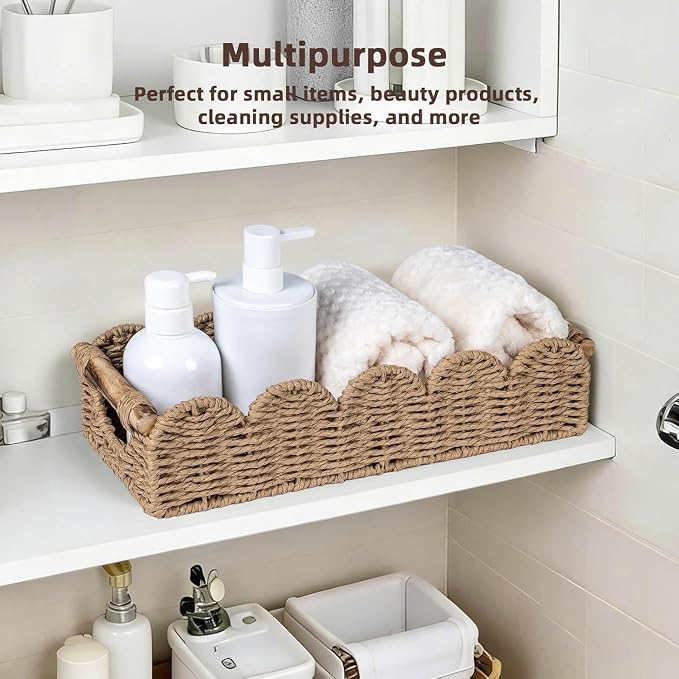 CubesLand Bathroom Basket Organizer, Toilet Tank Basket W/Cut Out Handle | Small Scalloped Wicker Toilet Paper Storage Basket for Bathroom Countertop Decorative Also for Home Decor, Neutral