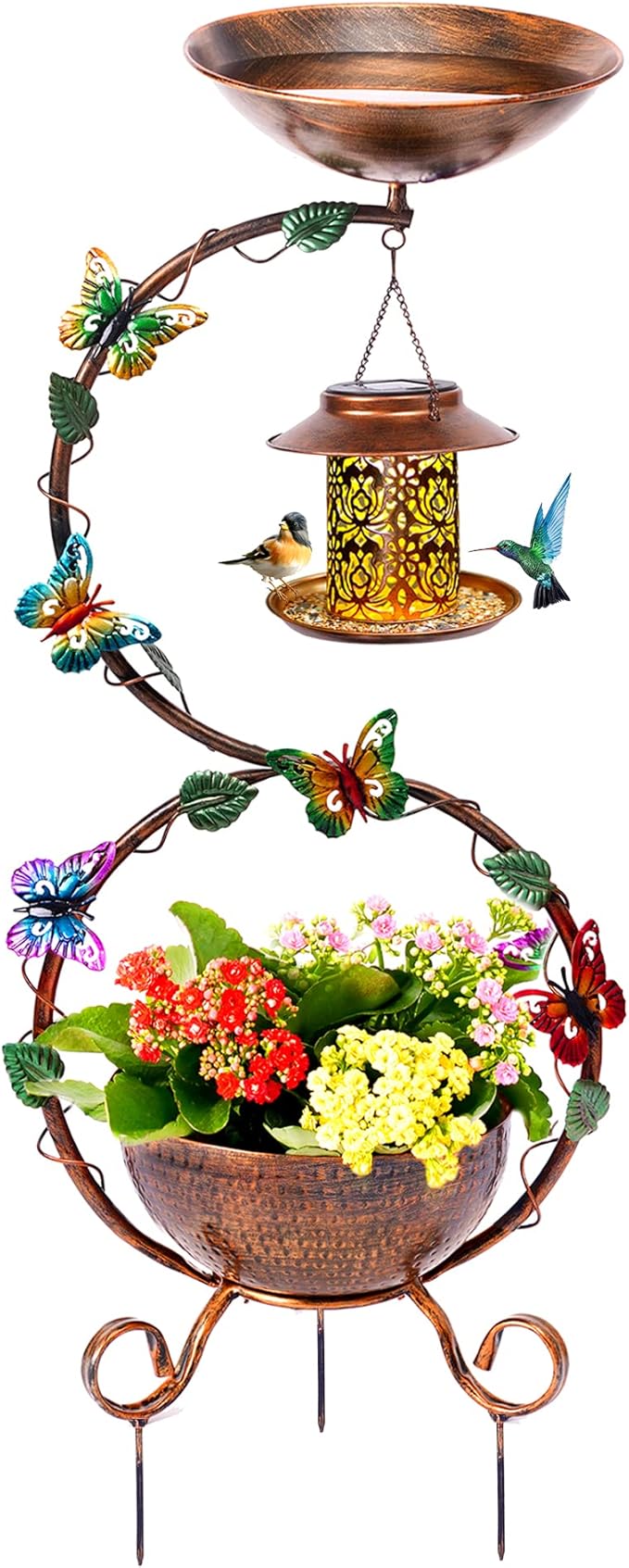 YADOOLIFE 37.8" Bird Bath and Solar Bird Feeders Combo with Flower Planter Pedestal, Metal Bird Baths for Outdoors, Decorative Birdbath with Butterfly for Outside Garden Yard, Weather Resistant
