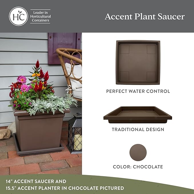 The HC Companies 14 Inch Accent Square Plant Saucer, Lightweight UV-Resistant Plastic Outdoor & Indoor Flower Pot Tray, 2-Pack Plant Pot Trays for Garden & Home Decor, Chocolate
