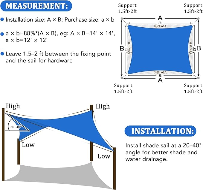 Shade&Beyond Custom 15'x31' Sun Shade Sail Canopy Rectangle UV Block Breathable Curved Sunshade for Backyard Yard Deck Outdoor Facility and Activities, Blue (We Make Custom Size)