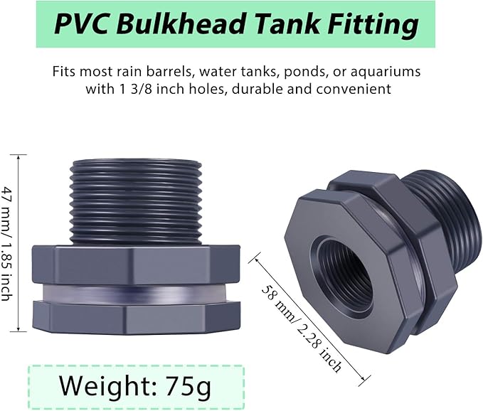 Outus 2 Pieces 3/4 Inch PVC Bulkhead Fitting for Rain Barrels, Aquariums, Water Barrel, Water Tanks, Bucket, Ponds, Pools