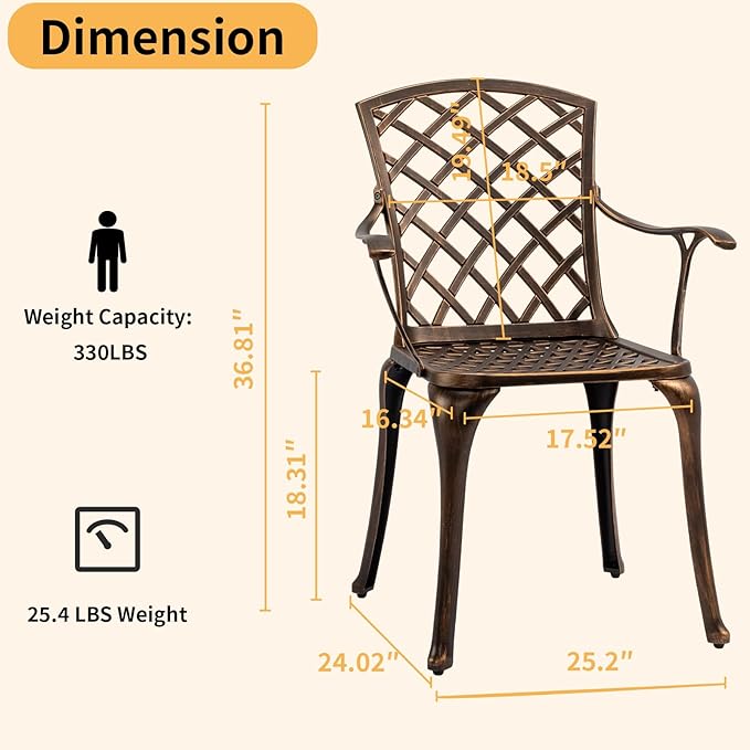 VINGLI Outdoor Dining Chairs Set of 4 Aluminum Patio Chairs, Cast Aluminum Patio Furniture Aluminum Outdoor Chairs for Backyard, Poolside, Balcony Bronze (4, Grid Back Without Cushion)